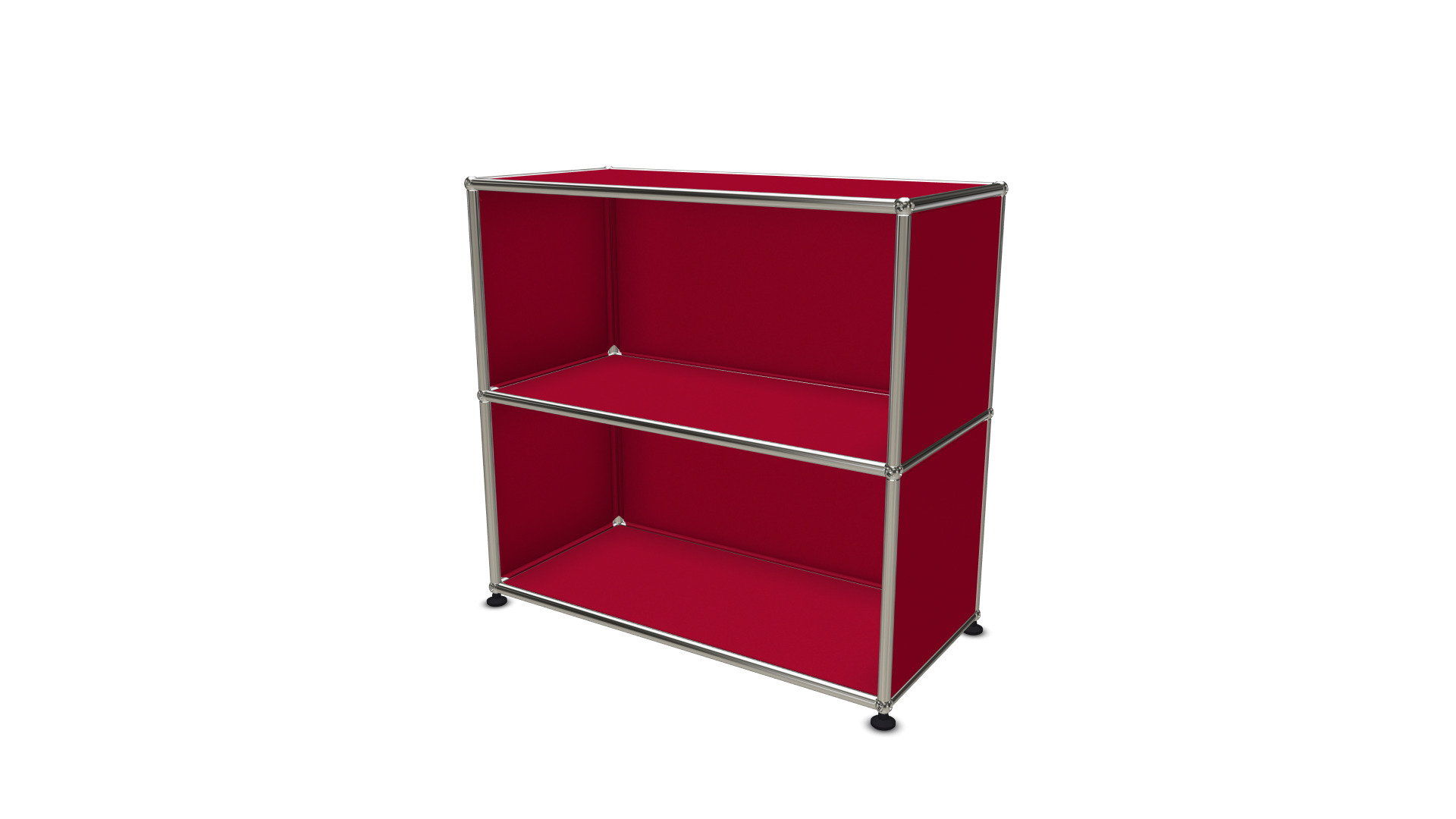 Rotes USM Haller Regal Sideboard mit zwei offenen Fächern und verchromtem Gestell.
