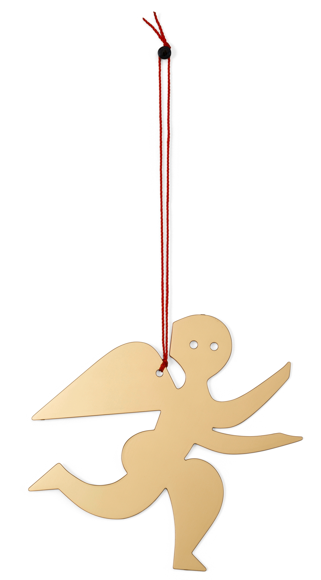 Goldener Vitra Engel Ornament mit roter Kordel, festliche Weihnachtsdekoration für den Baum oder als Anhänger.