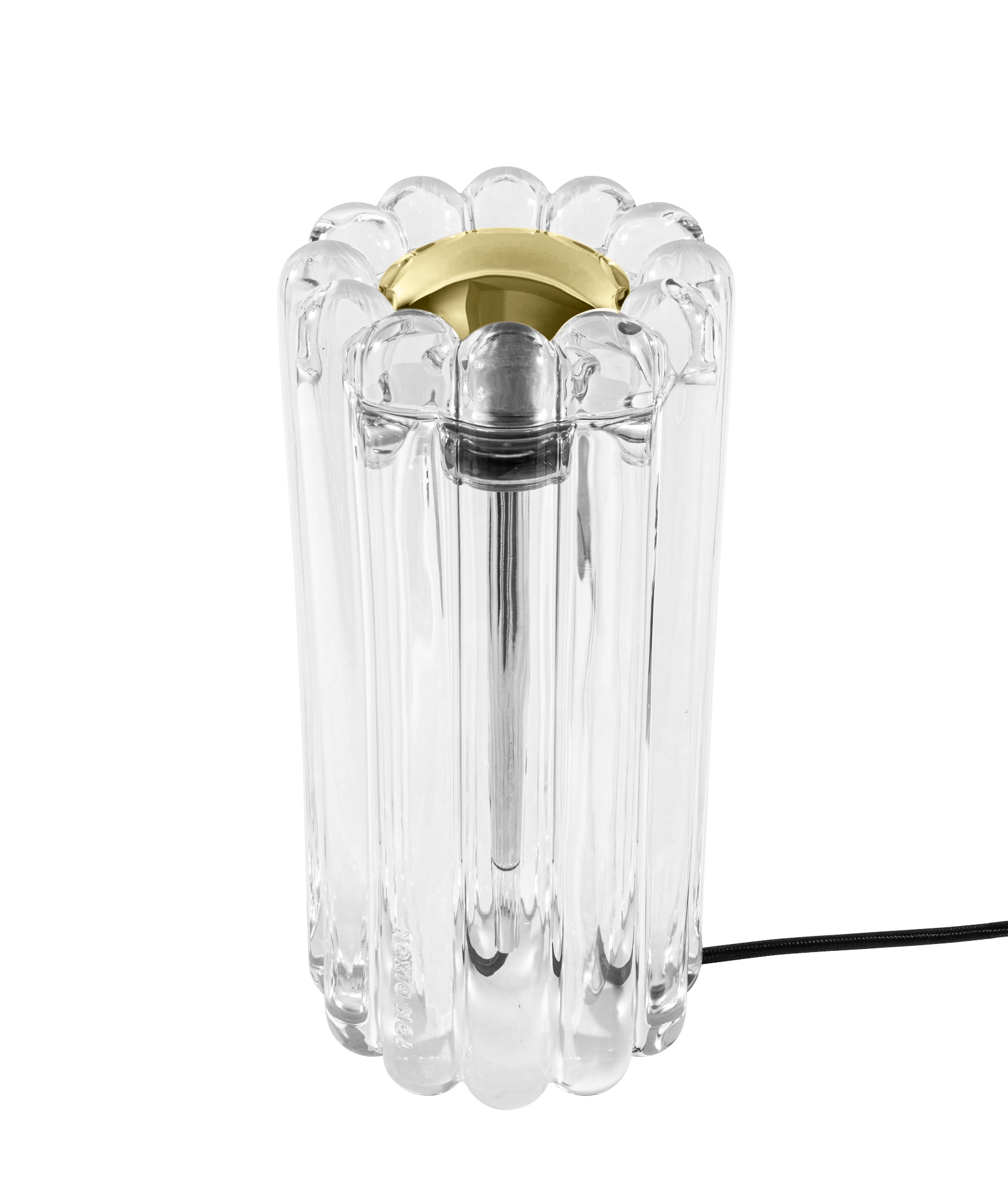 Press Tischleuchte von Tom Dixon aus transparentem Glas mit goldenem Detail, moderne Beleuchtung.