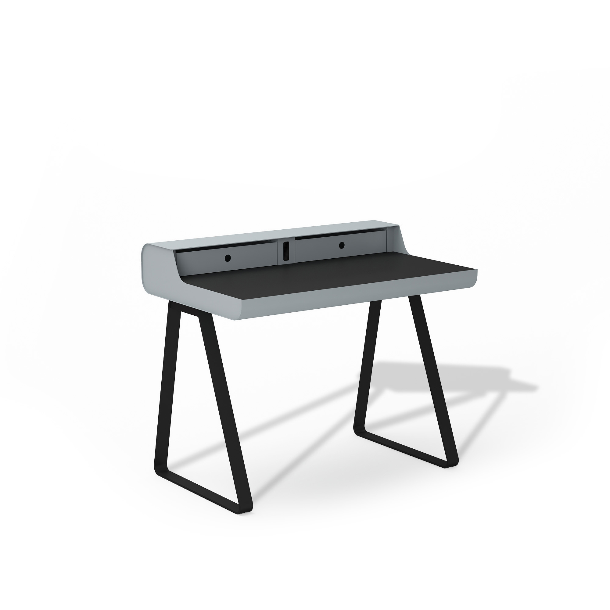 Moderner PS10 Sekretär von Müller Möbelfabrikation in Eis mit schwarzer Arbeitsplatte und schwarzen Beinen.