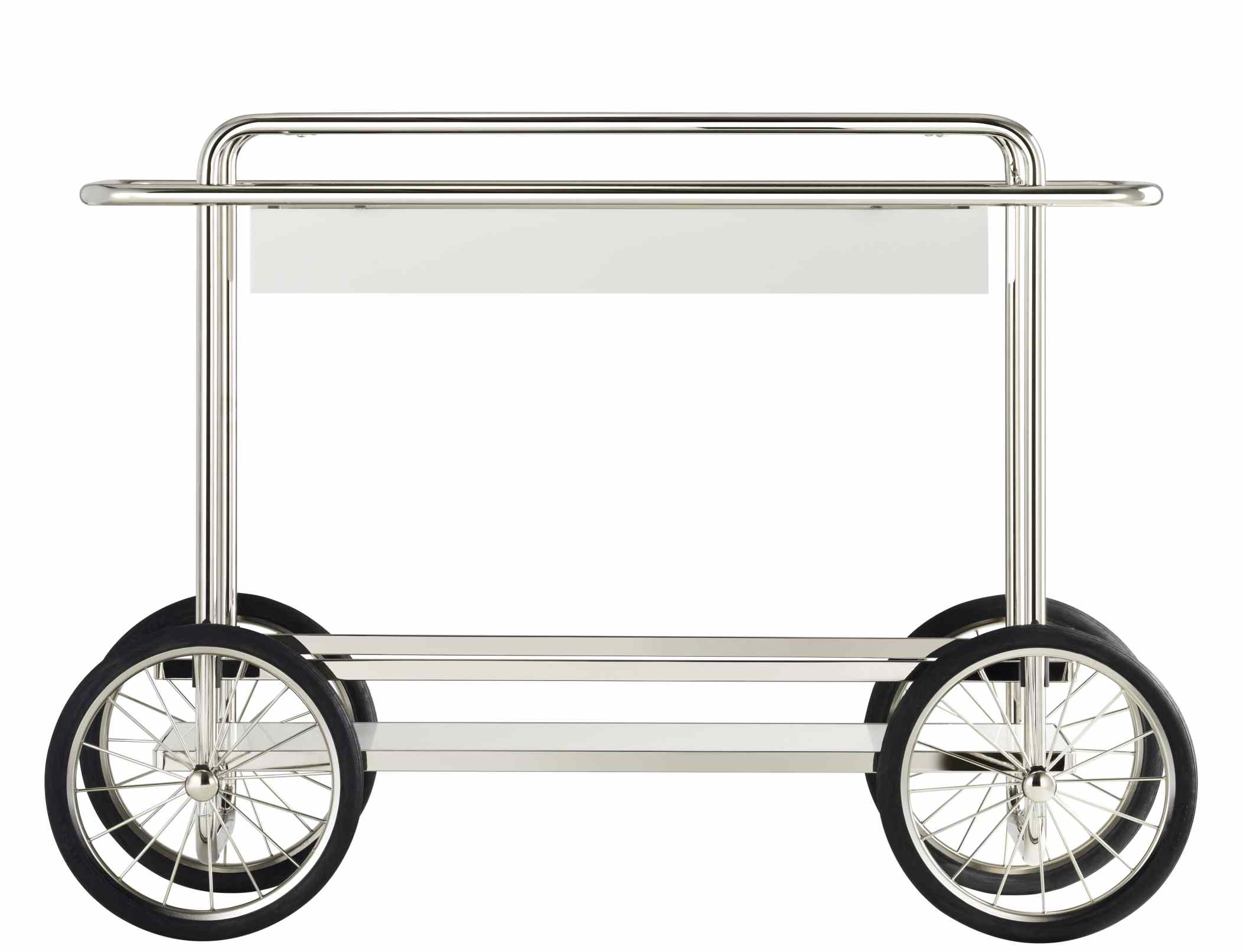 M4RS Konsolenwagen von Tecta: Moderner Barwagen mit silbergrauem Gestell und weißen Ablageflächen.