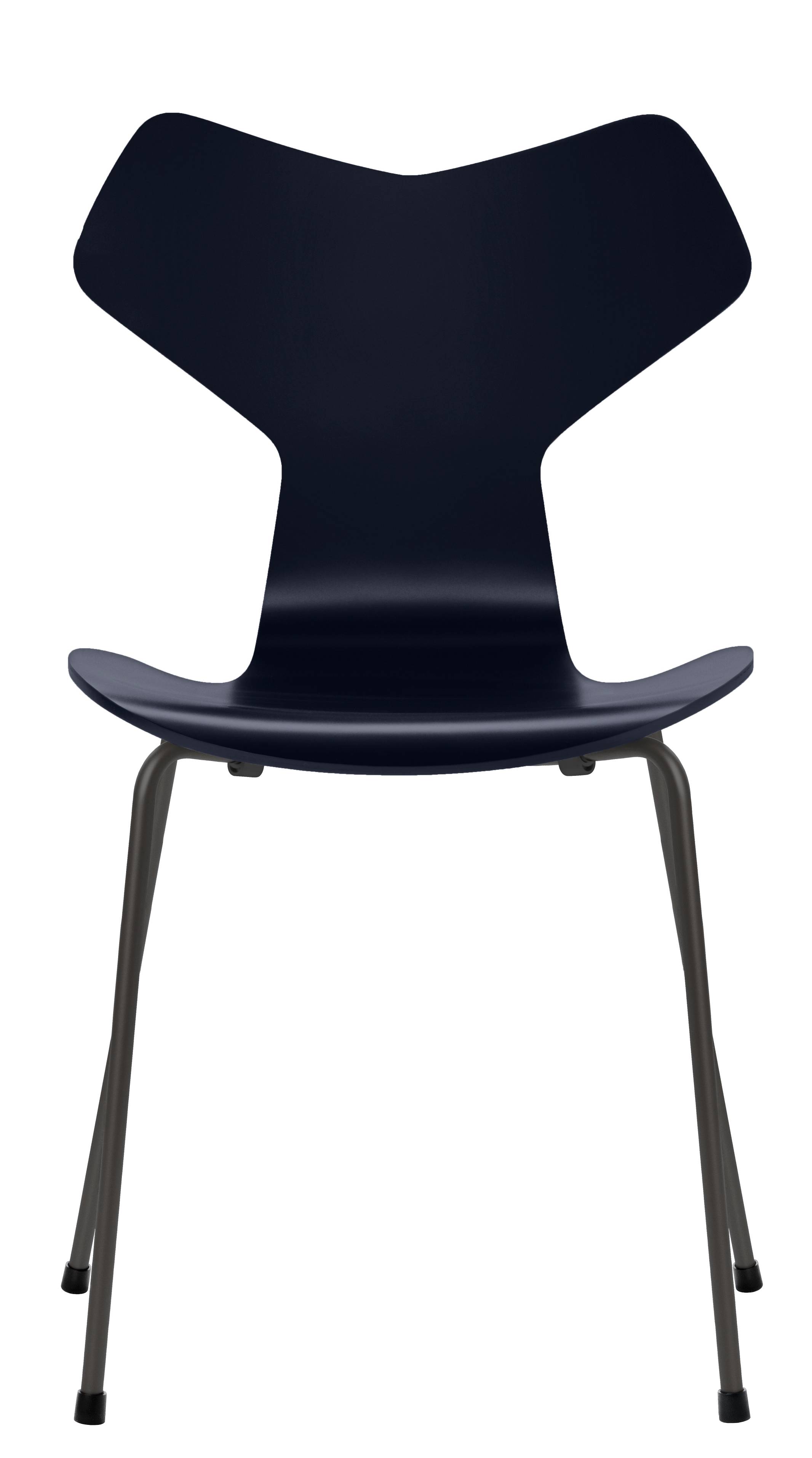 Blauer Grand Prix Stuhl von Fritz Hansen, moderner Designklassiker mit eleganten Metallbeinen.