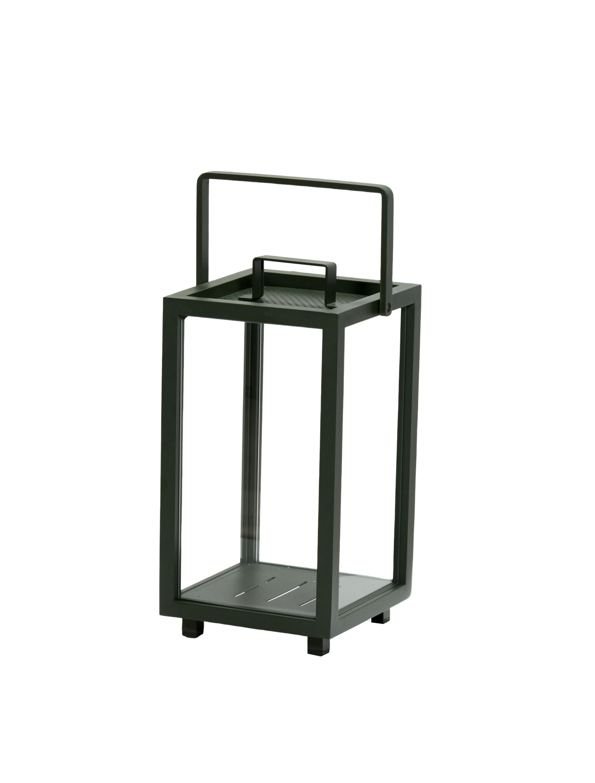 Dunkelgrüne Cane-Line Lighthouse Laterne klein aus Aluminium mit Glaswänden für Kerzenlicht.