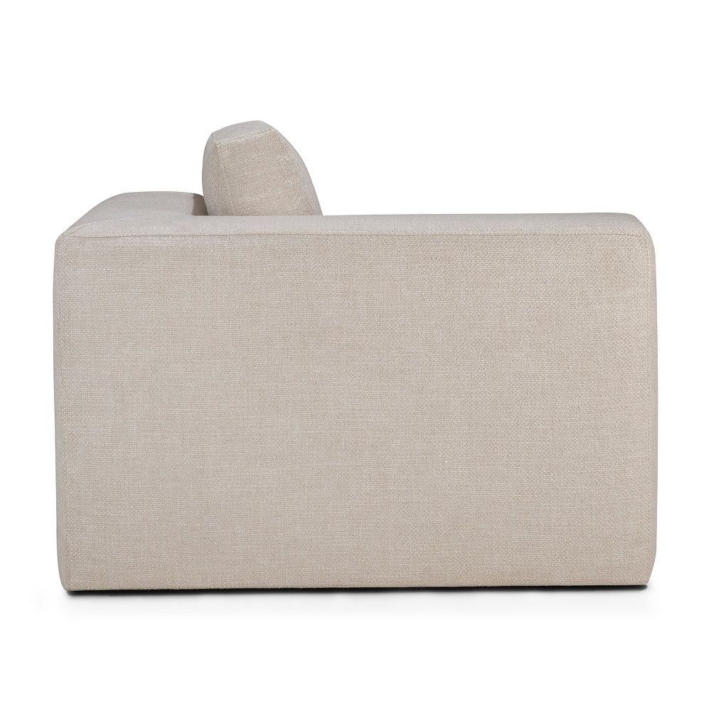 Seitenansicht des Mellow Sofas von Ethnicraft, elfenbeinfarbener Stoff, minimalistisches Design, bequeme Polstermöbel.