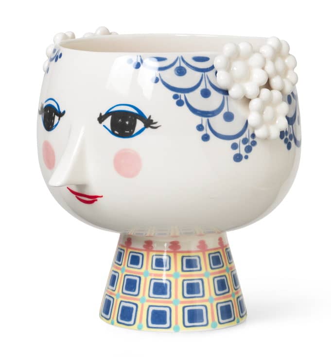 Blauer Eva Blumentopf von Bjorn Wiinblad, Keramik, mit Gesicht und floralen Details.