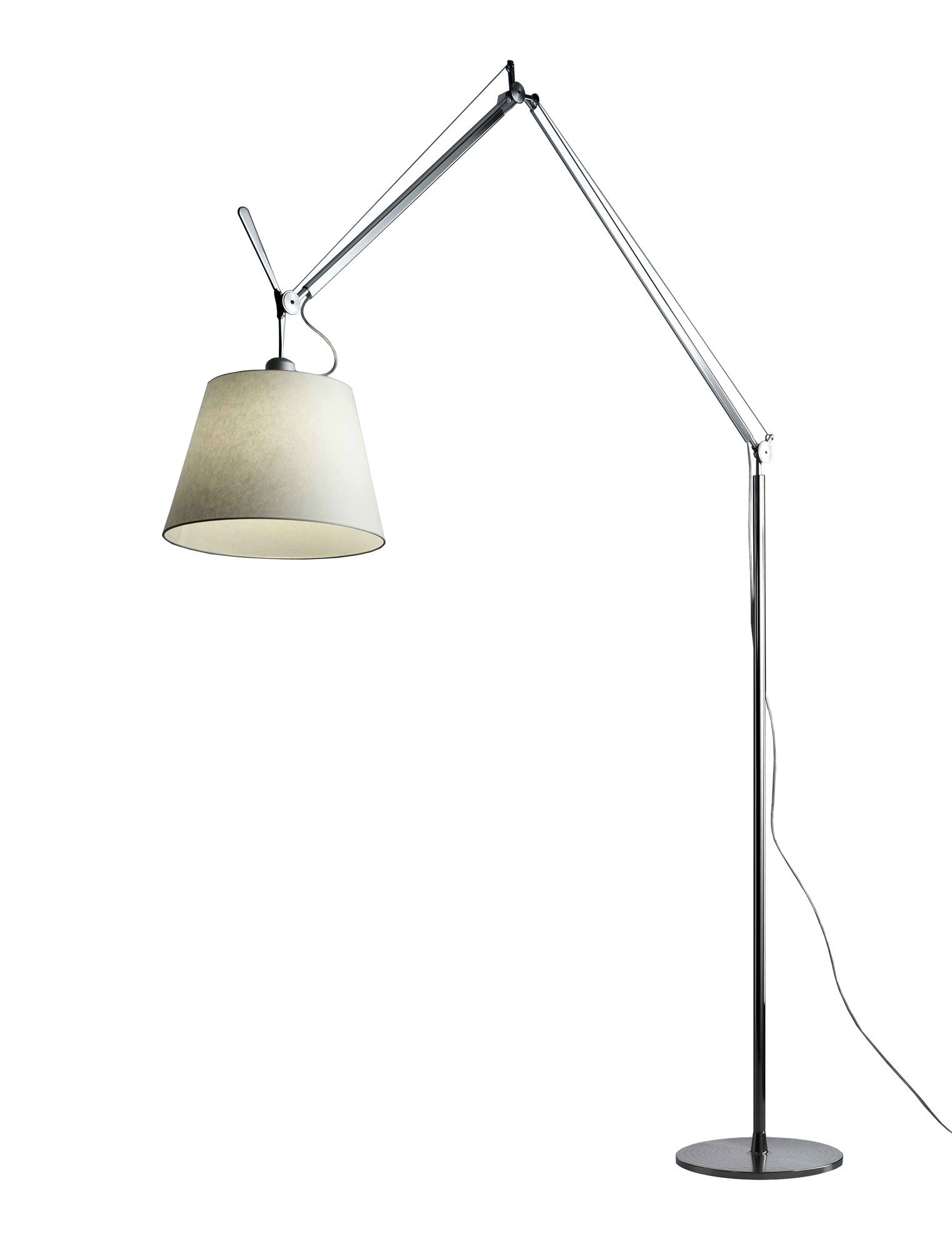 Aluminium Tolomeo Mega Floor Stehleuchte mit Dimmer und beigem Lampenschirm.