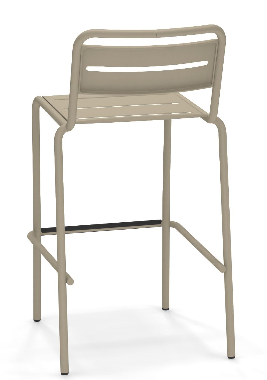 Emu Star Barhocker Outdoor, Ansicht von hinten, beige Metall, minimalistisches Design, für Garten und Terrasse.