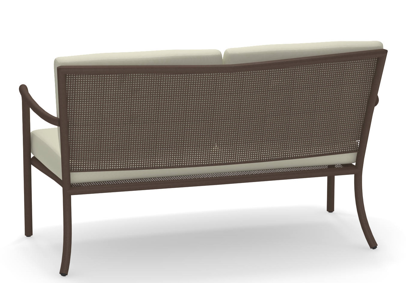 Rückansicht des Athena Outdoor Sofas von Emu, ein 2-Sitzer Gartensofa mit Rattanmuster.