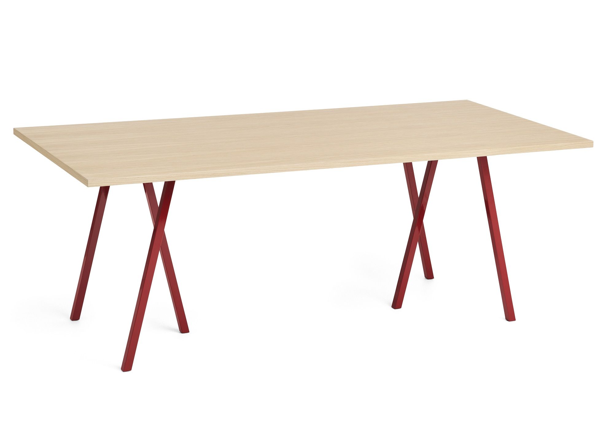 Hay Loop Stand Table mit hellem Holztischblatt und roten Metallbeinen, moderner Esstisch.