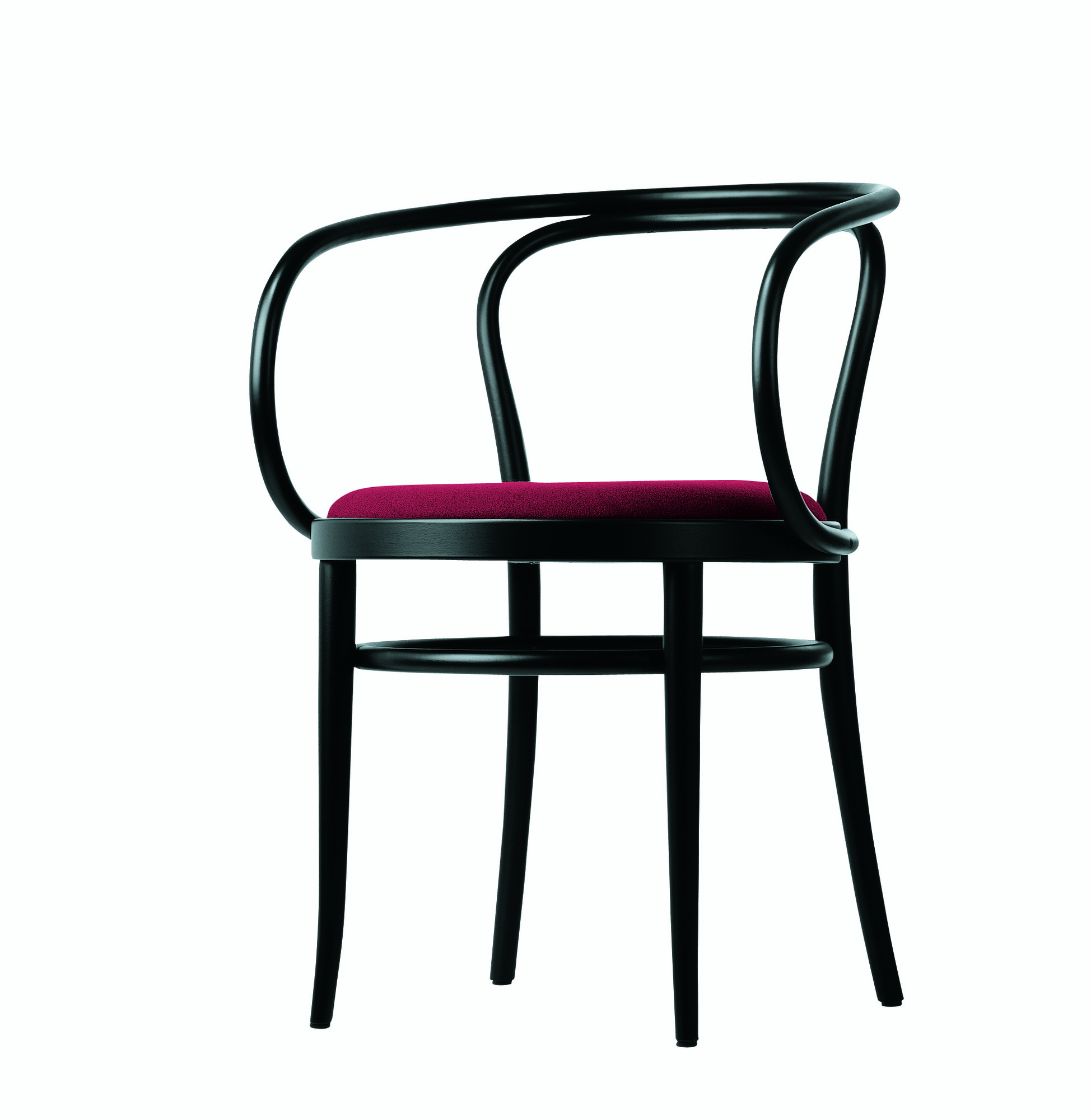 Schwarzer 209 P Bugholzstuhl von Thonet mit rotem Sitzpolster, klassisches Designmöbel für Esszimmer und Wohnbereich.