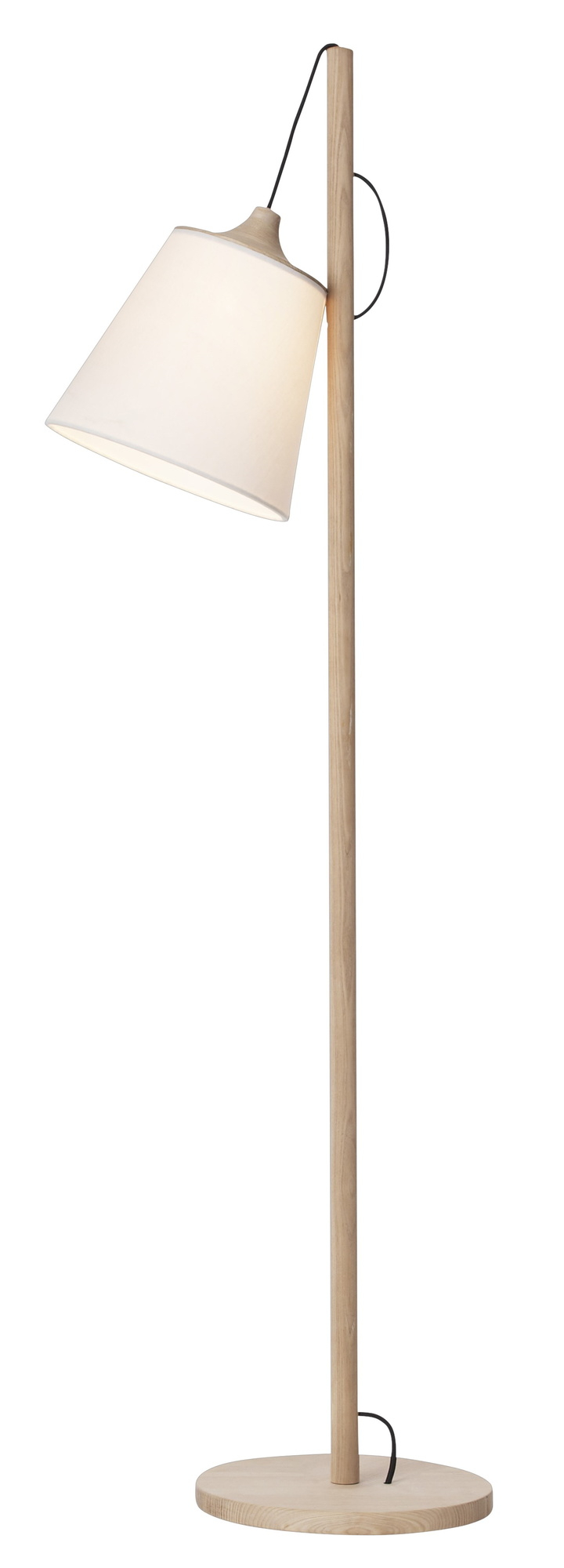 Muuto Pull Floor Lamp Stehleuchte aus hellem Holz mit weißem Lampenschirm.