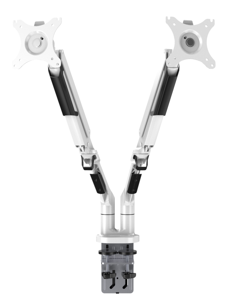 Weißer Monitor Schwenkarm für zwei Monitore zur flexiblen Bildschirmpositionierung am Arbeitsplatz.