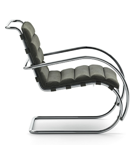 MR Sessel im Bauhaus Stil von Knoll International mit grauem Bezug und Chromgestell.