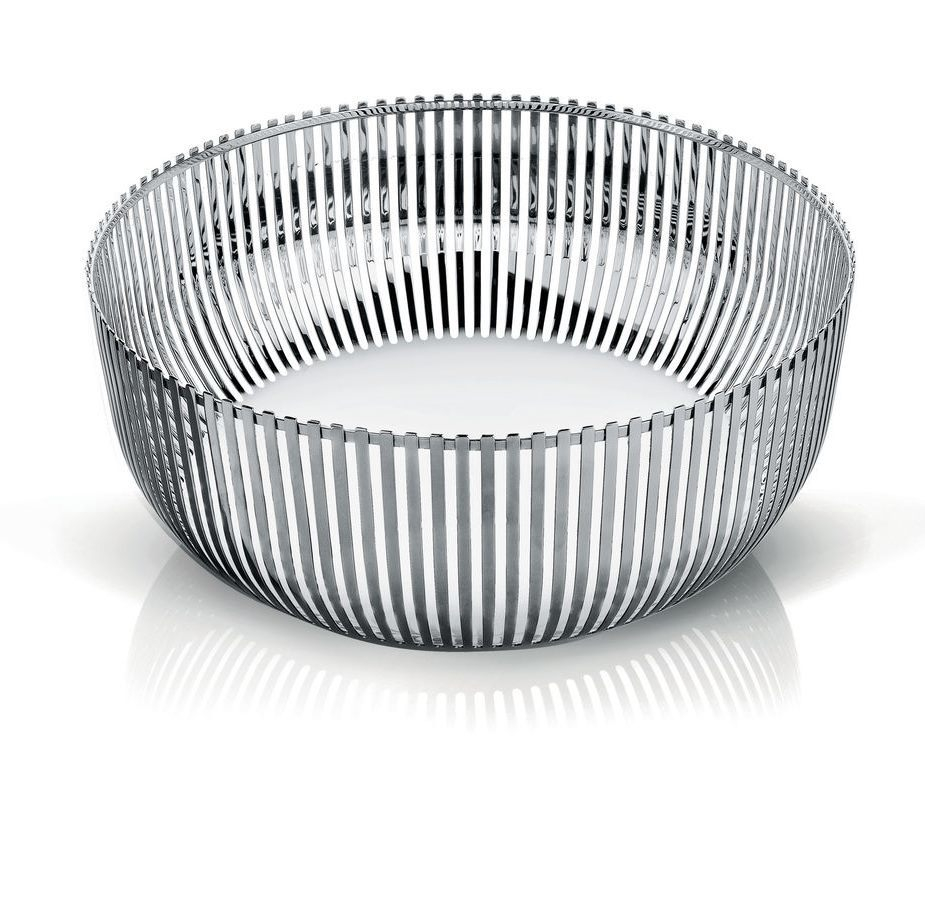 Alessi Obstschale aus poliertem Edelstahl, modernes Design für Obst und Dekoration.