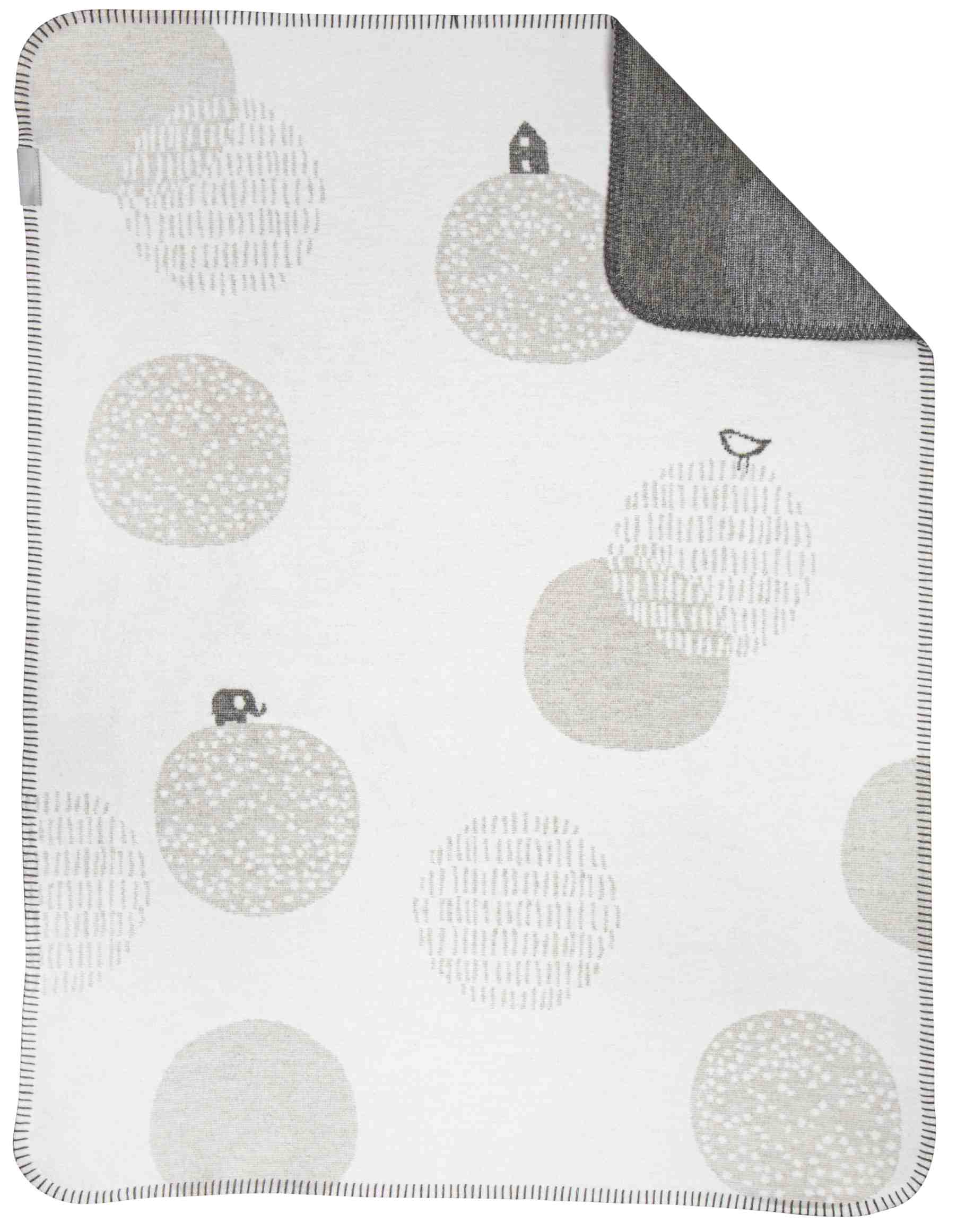 Kreise Kids Decke mit Räder-Motiv: Weiche Babydecke mit grauen Kreisen, Elefant, Haus und Vogel.