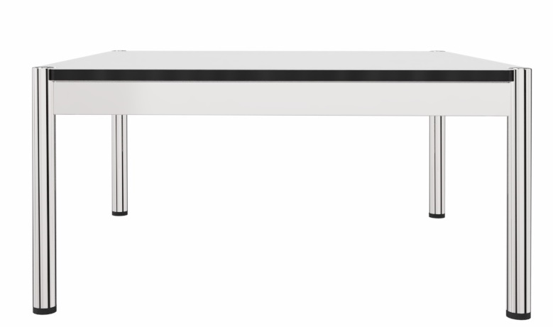 Frontale Ansicht des USM Haller Couchtischs 75x75 cm mit weißer Tischplatte und verchromtem Stahlgestell.