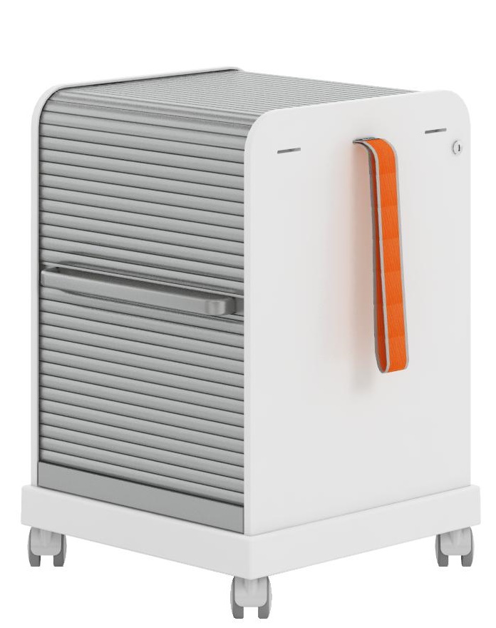 Weißer Rollcontainer mit Rollladen, orangefarbenem Griff und Rollen. Bürocontainer ähnlich dem Vitra Follow Me.
