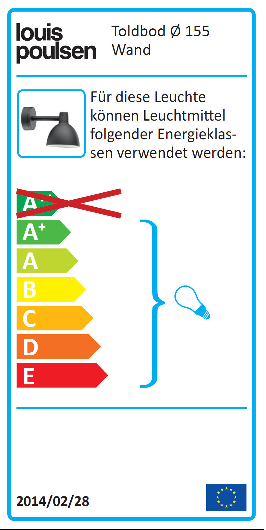 Toldbod 155 Wandleuchte von Louis Poulsen, Energieeffizienzklassen für Leuchtmittel, stilvolle Innenbeleuchtung.