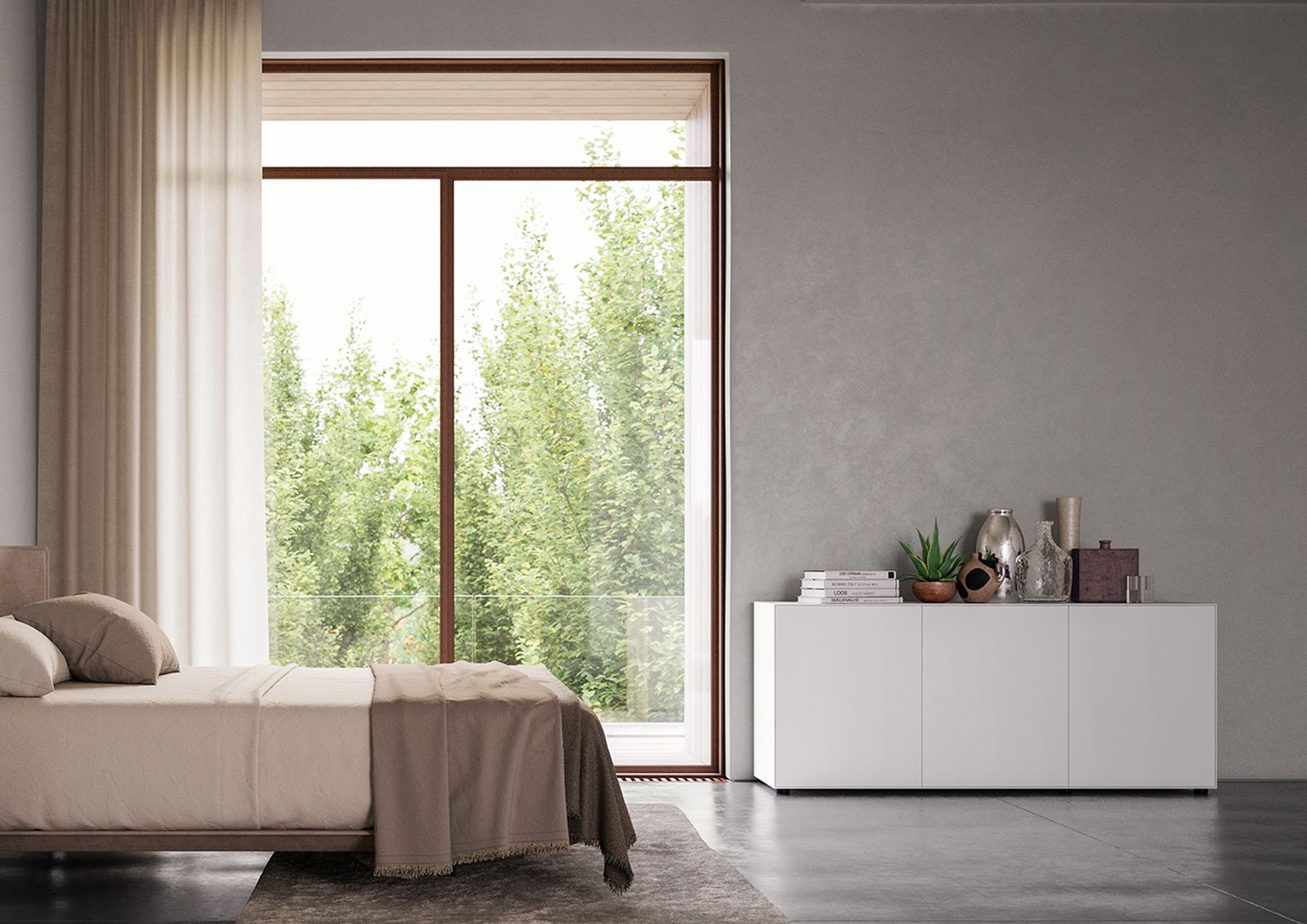 Helles Schlafzimmer mit weißem Piure Nex Pur Box Board mit Tür als Stauraum.