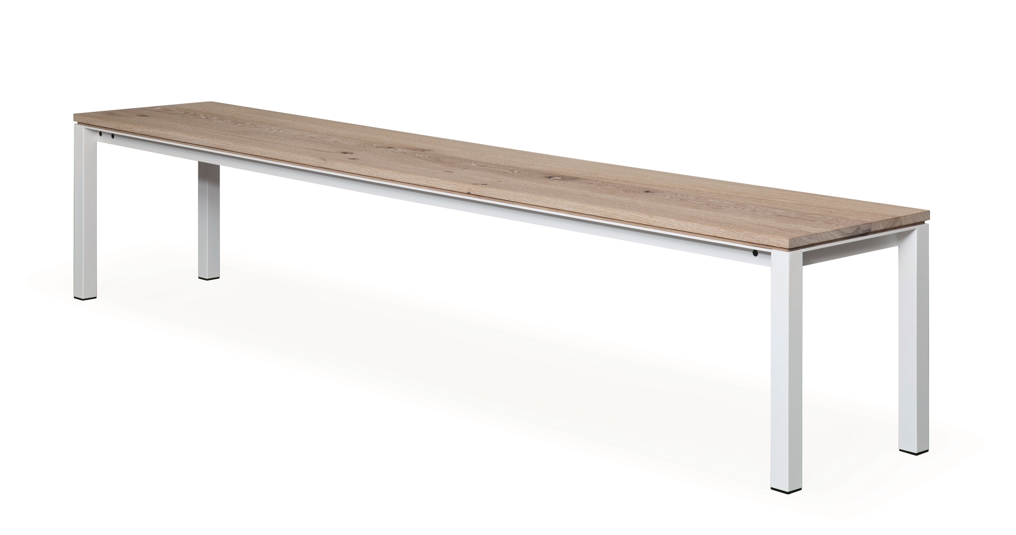 Janua S 600 Tisch mit gekalkter Eichenplatte und weißem Stahlgestell, modernes Design.