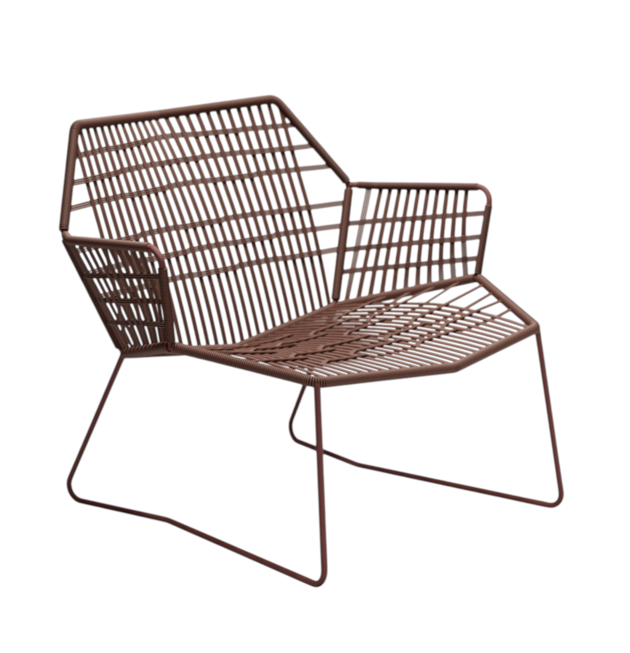 Tropicalia TR1 Outdoor Sessel von Moroso, braunes Flechtmuster, Armlehnen und filigranes Metallgestell für Garten und Terrasse.