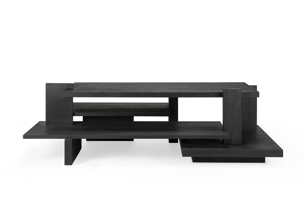 Schwarzer Ethnicraft Couchtisch "Abstract" aus Teakholz mit mehreren Ebenen und modernem Design.