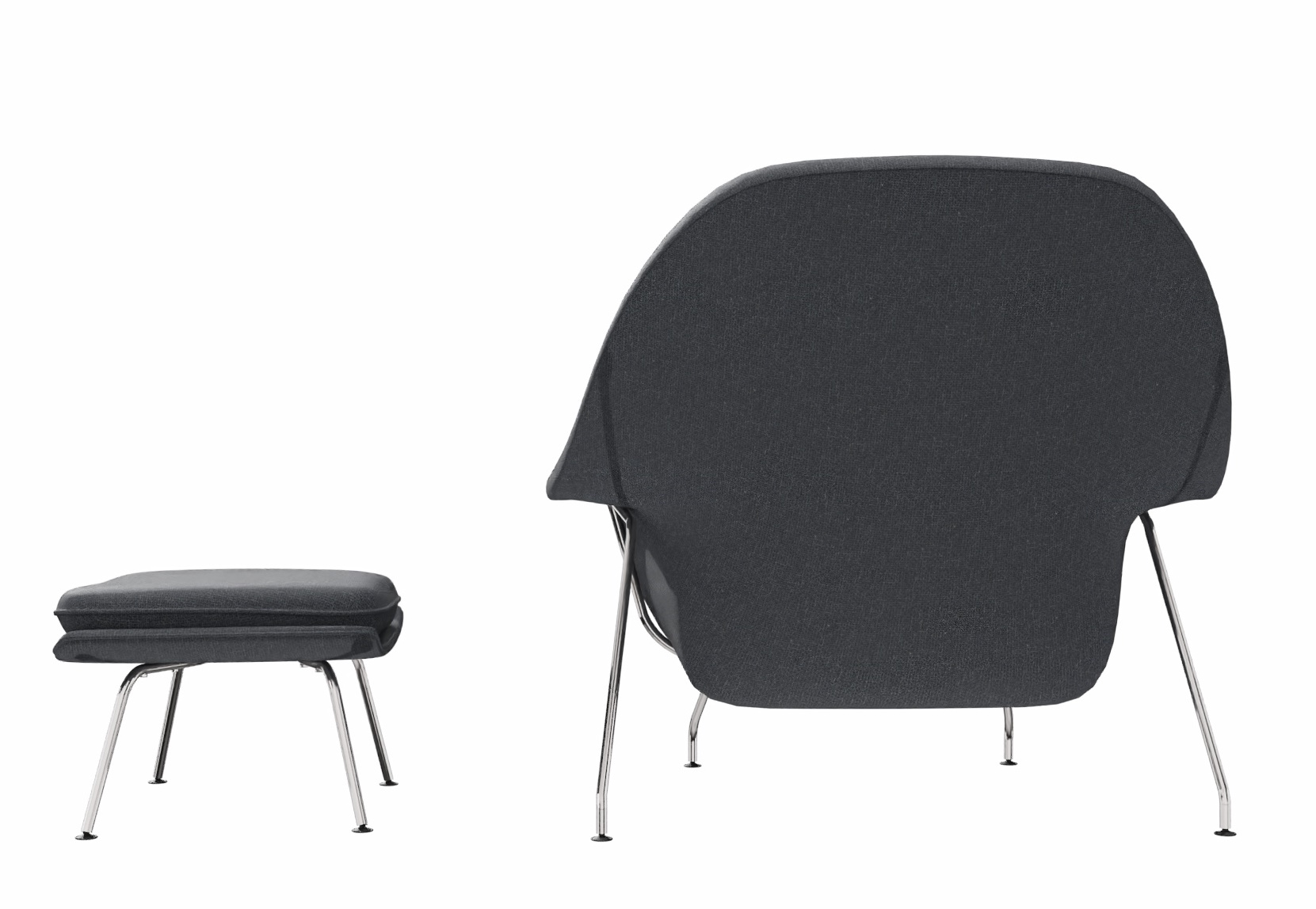 Rückansicht des grauen Womb Chair Sessel Relax von Knoll International mit passendem Hocker.