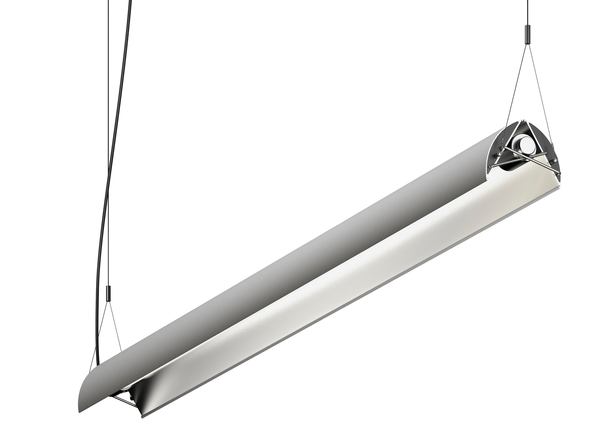 Nahaufnahme der Updown Pendelleuchte von Belux aus Aluminium, dimmbar und mit 3000K Lichtfarbe.