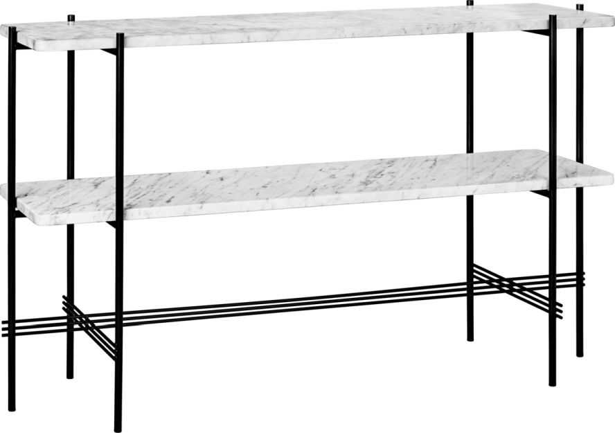 TS Konsole von Gubi mit weißem Marquina Marmor und schwarzem Metallgestell, zwei Ablageflächen.