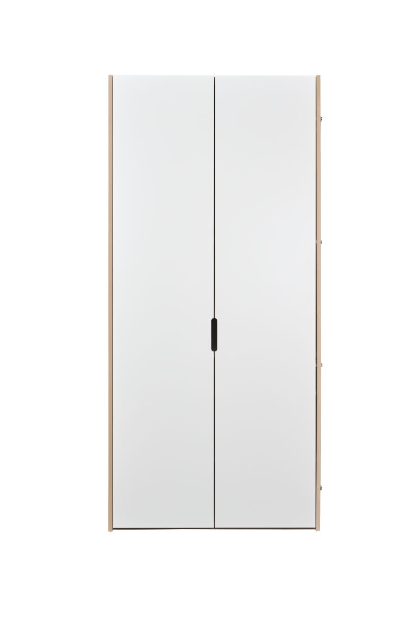 Tojo Schrank Grundmodul mit weißen Türen und hellem Holzrahmen, modernes Schranksystem.