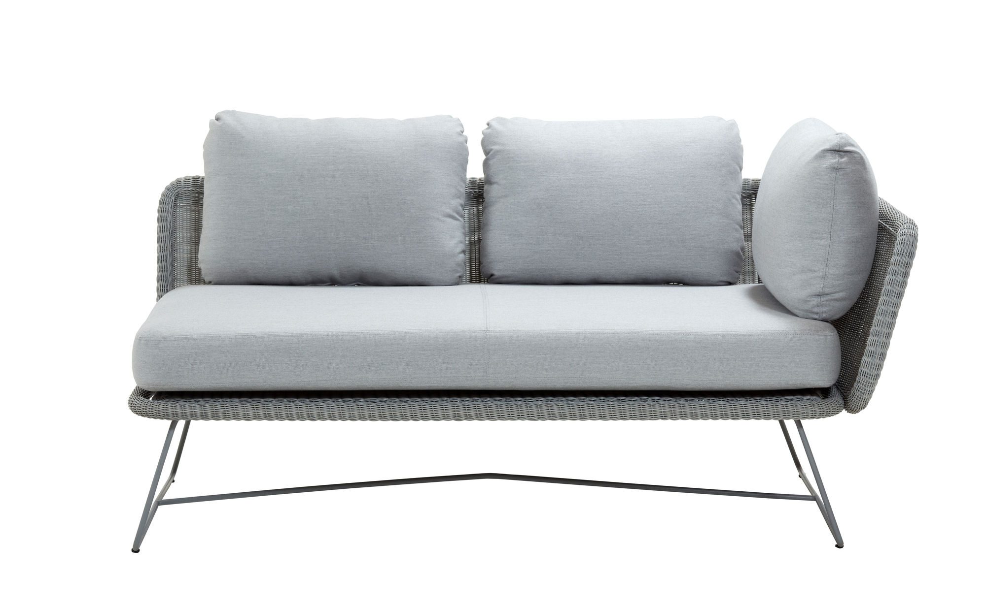 Horizon Outdoor Sofa, 2-Sitzer Modulsofa von Cane-Line, graues Rattan mit hellgrauen Kissen.