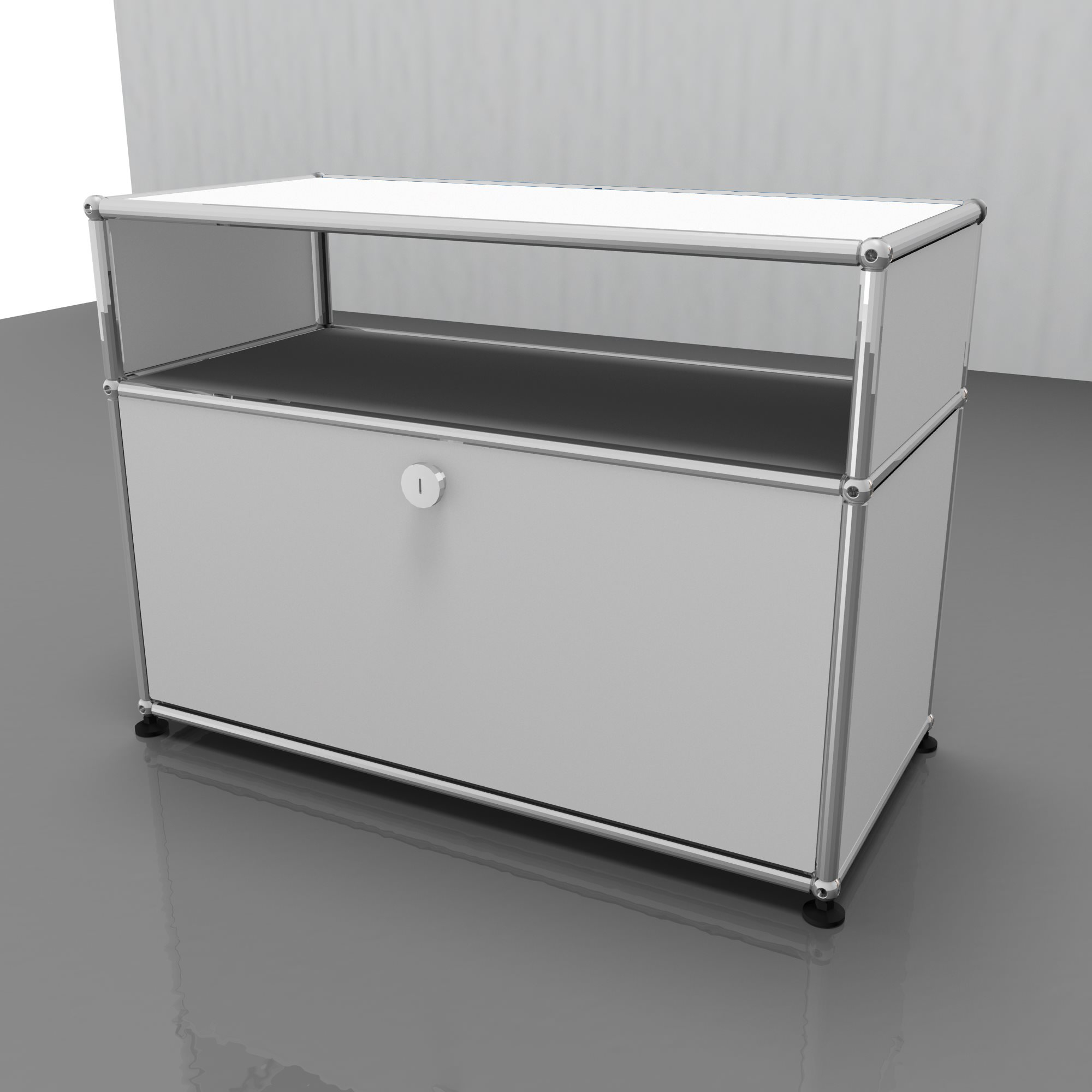 USM Haller Beistellmöbel in Weiß mit Schublade und offenem Fach, modernes modulares Design.