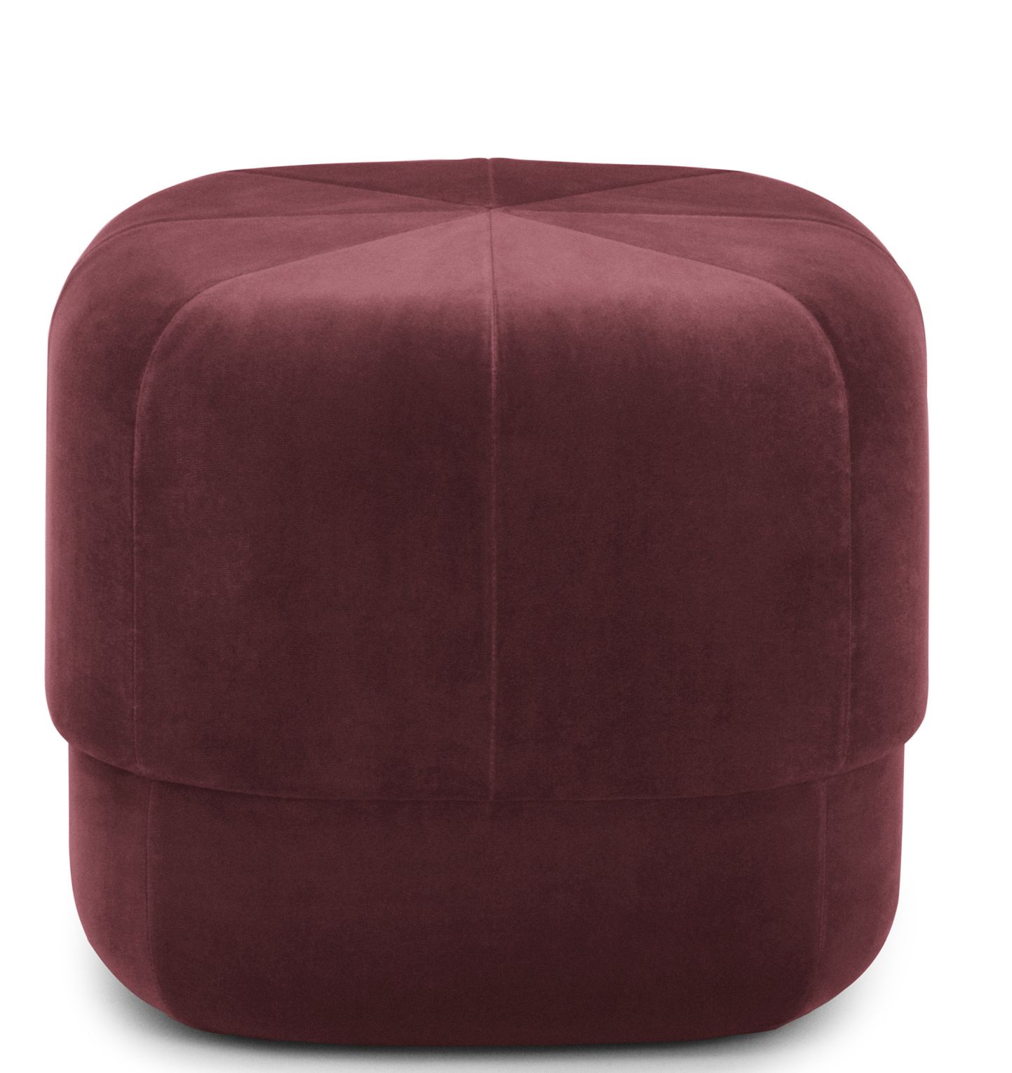 Nahaufnahme des bordeauxroten Circus Pouf Hockers von Normann Copenhagen, ideal als Sitzgelegenheit.