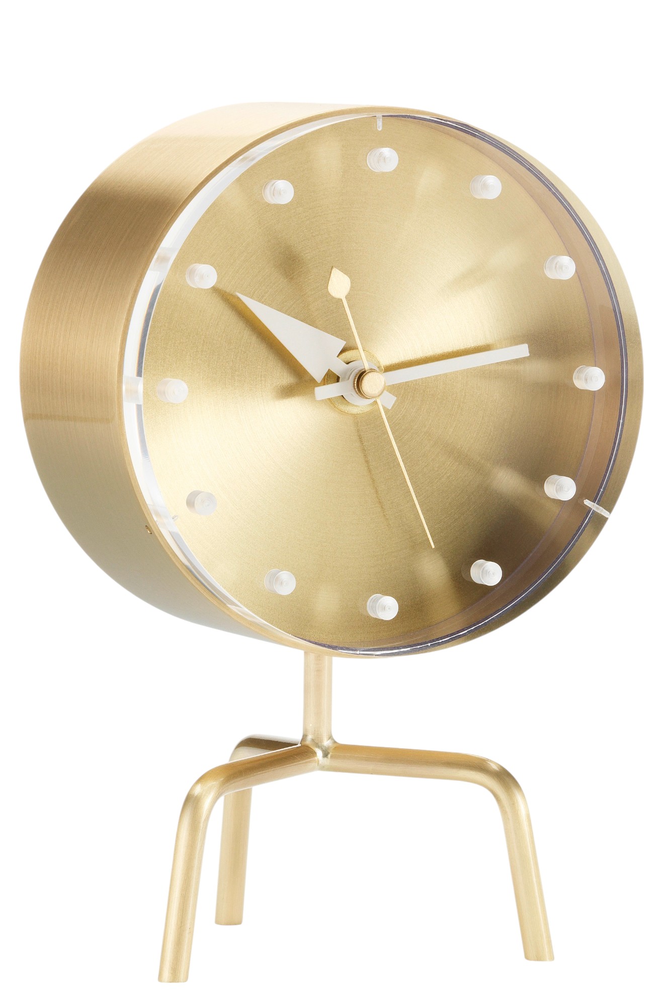 Goldene Tripod Clock Tischuhr von Vitra mit drei Beinen und weißem Ziffernblatt.