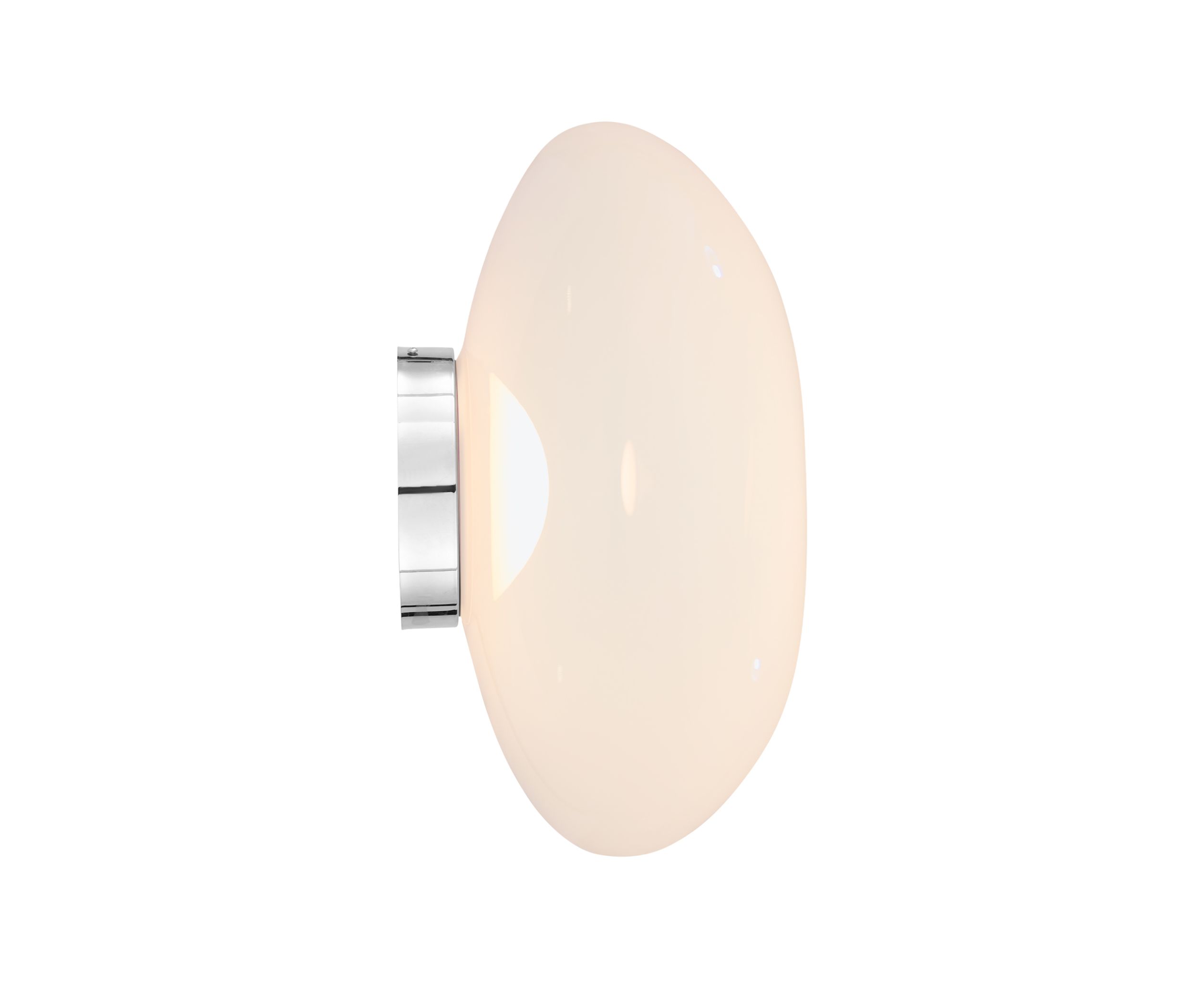 Nahaufnahme der Tom Dixon Melt Surface LED-Wandleuchte in Opal und Silber. Moderne Wandbeleuchtung.