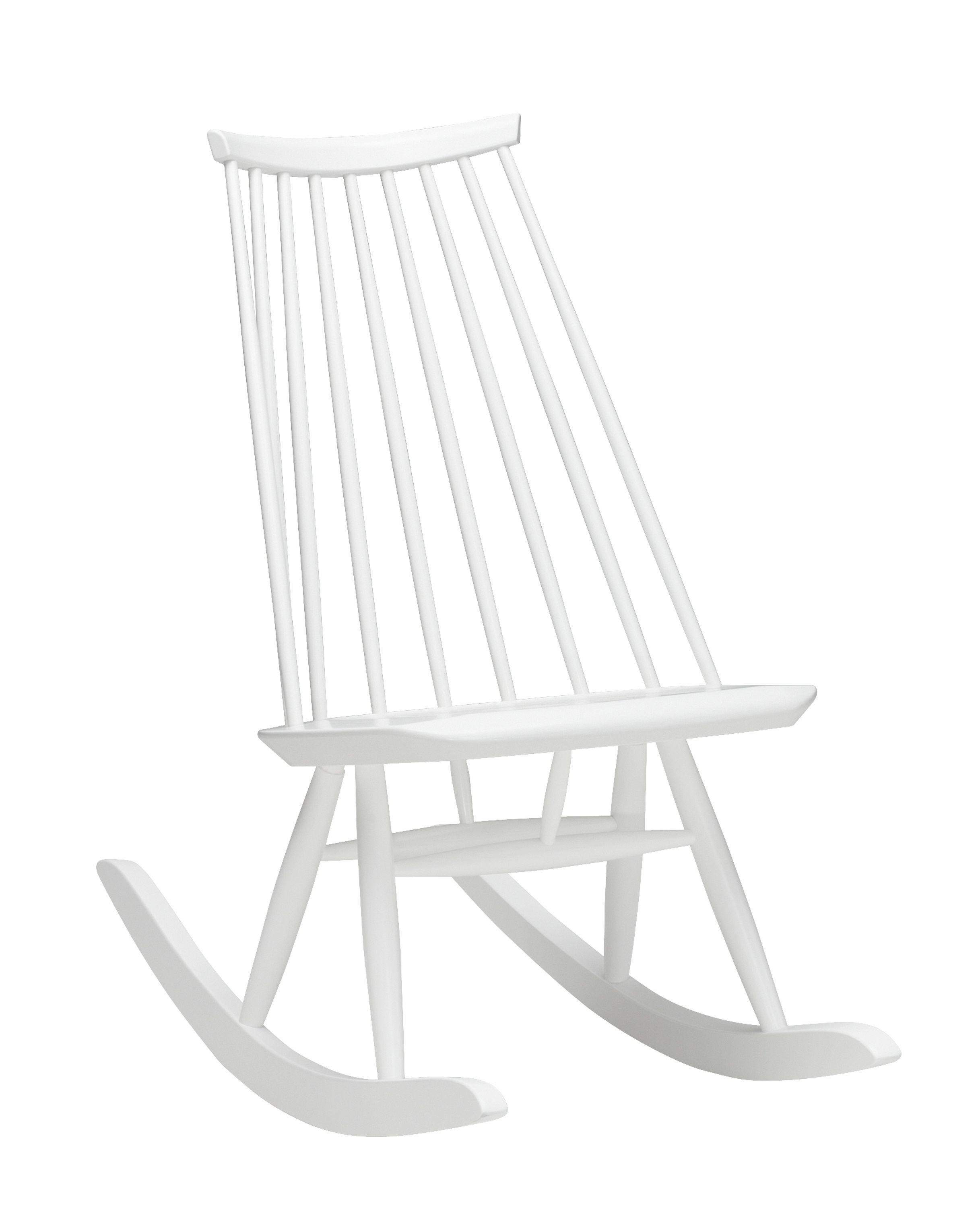 Weißer Mademoiselle Schaukelstuhl von Artek, klassisches Designmöbel für entspannte Momente. Skandinavischer Schaukelstuhl aus Holz.