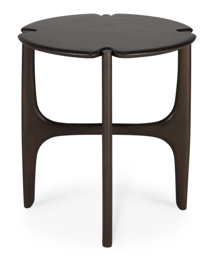 Ethnicraft PI Beistelltisch aus Mahagoni, dunkelbraun lackiert. Kleiner Holztisch mit runder Tischplatte.