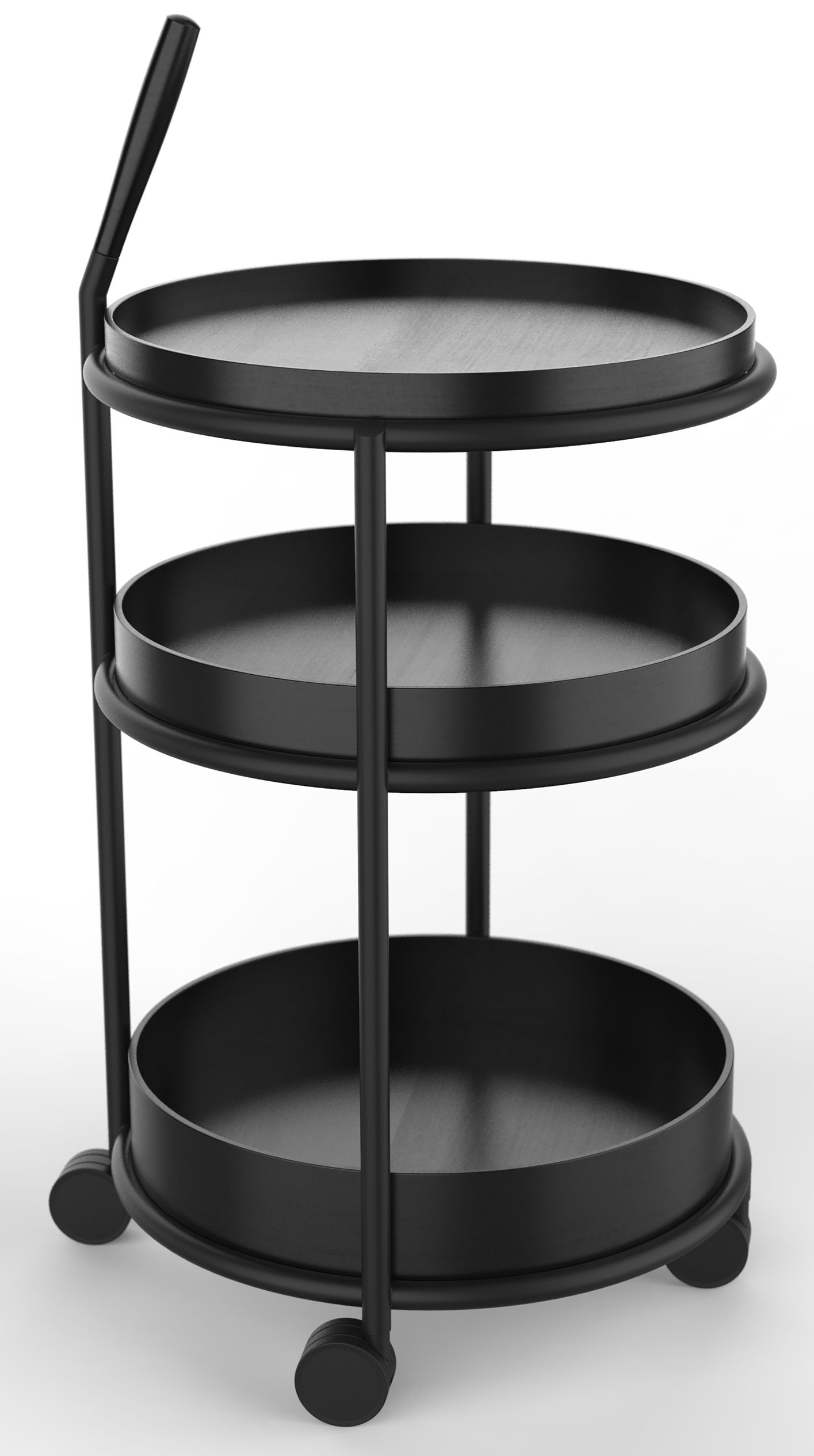 Schwarzer K6 Servierwagen von Tecta mit drei runden Ablageflächen und Rollen. Moderner Trolley für Küche und Wohnbereich.