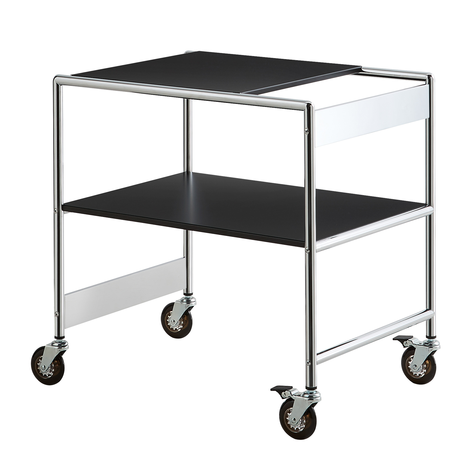 SIR Mox Servierwagen: Moderner Barwagen mit zwei schwarzen Ablageflächen und Chromgestell auf Rollen.
