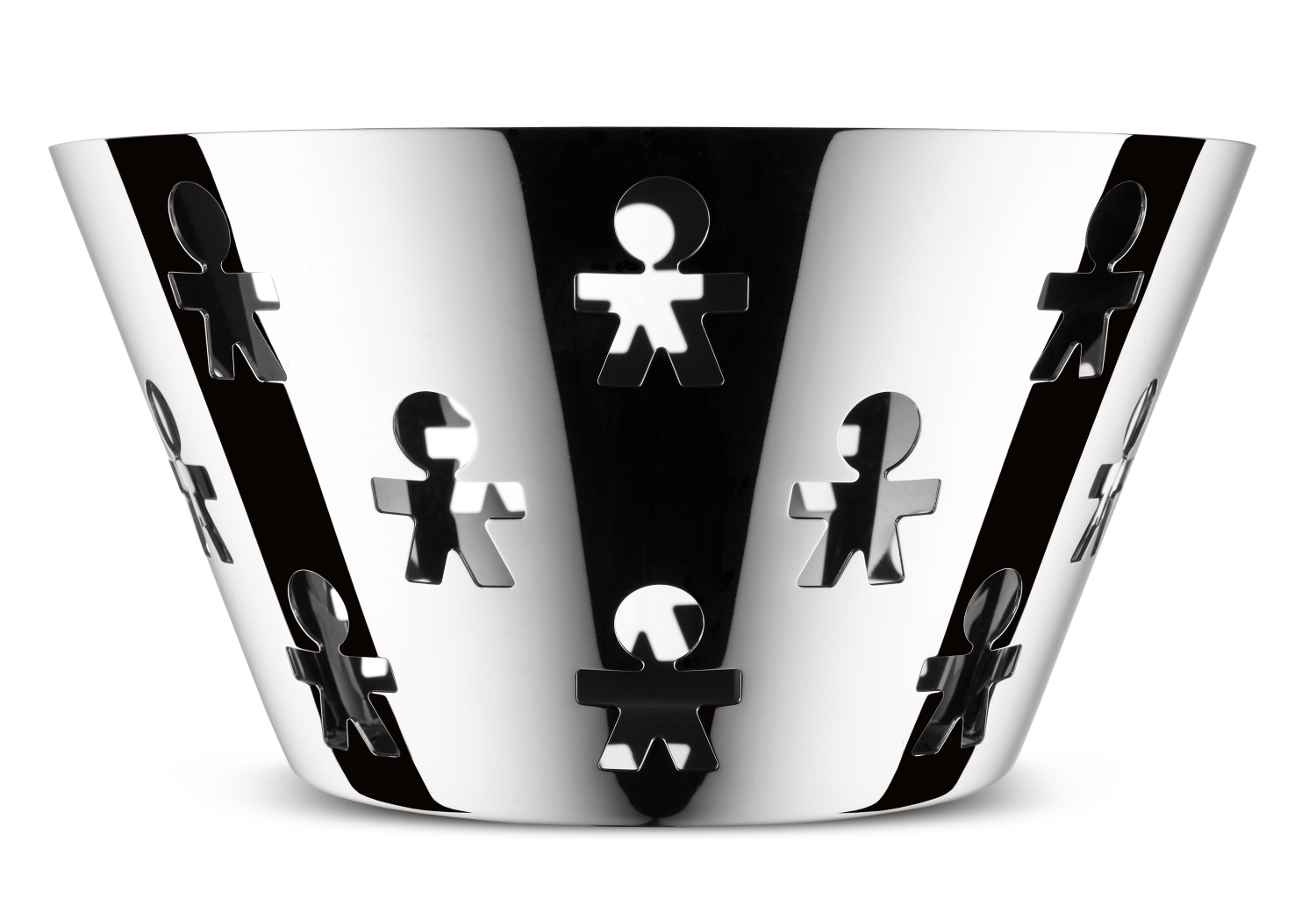 Girotondo Obstschale von Alessi, aus glänzendem Edelstahl mit ausgeschnittenen Figuren, modernes Design für Obst und Dekoration.