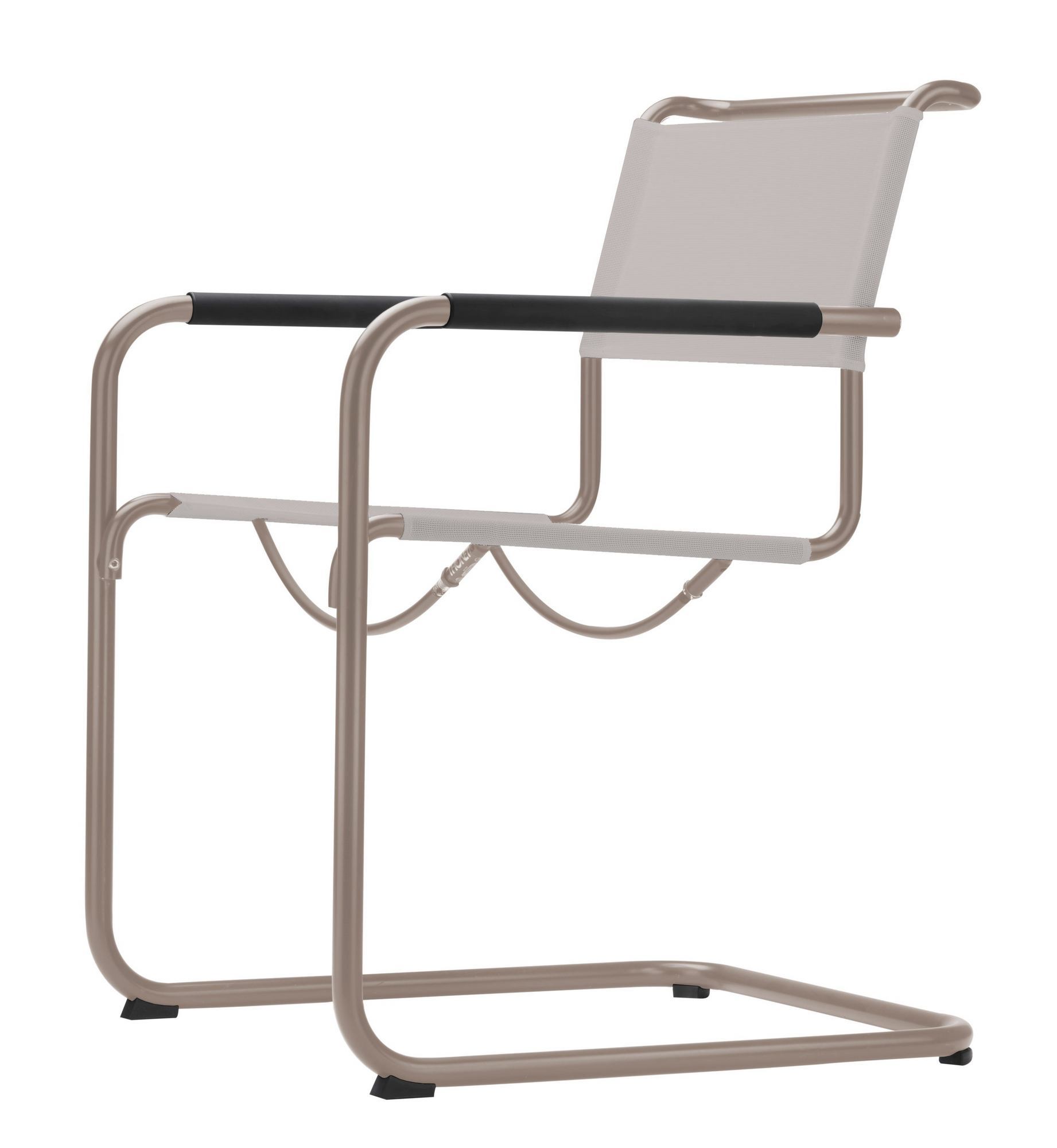 Thonet S 34 N Freischwinger in Warmgrau: Outdoor-Stuhl mit Stahlrohrgestell und wetterfestem Textilgewebe.