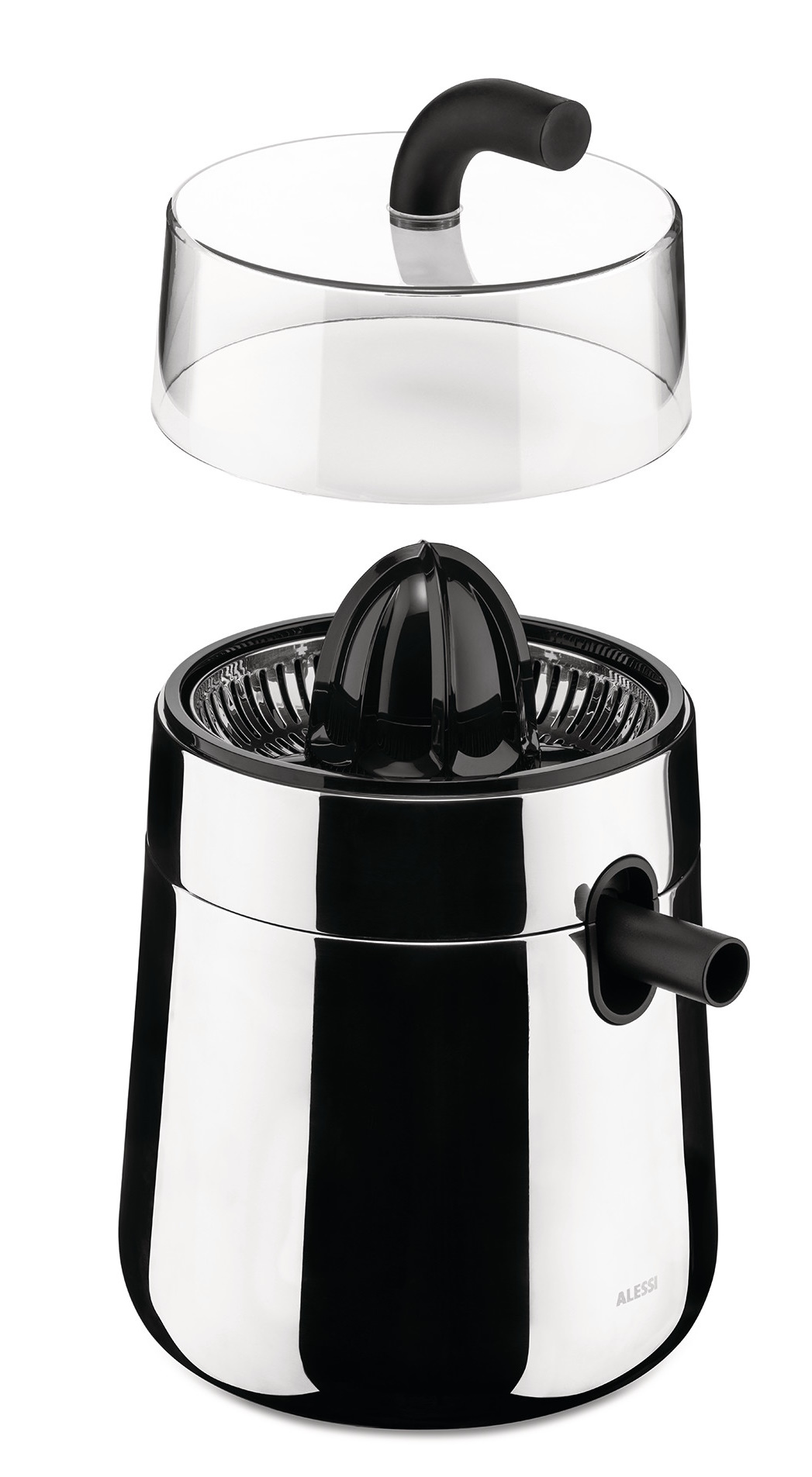 Alessi Zitronenpresse NE02 B Toru: Elektrische Saftpresse aus Edelstahl mit Abdeckung.