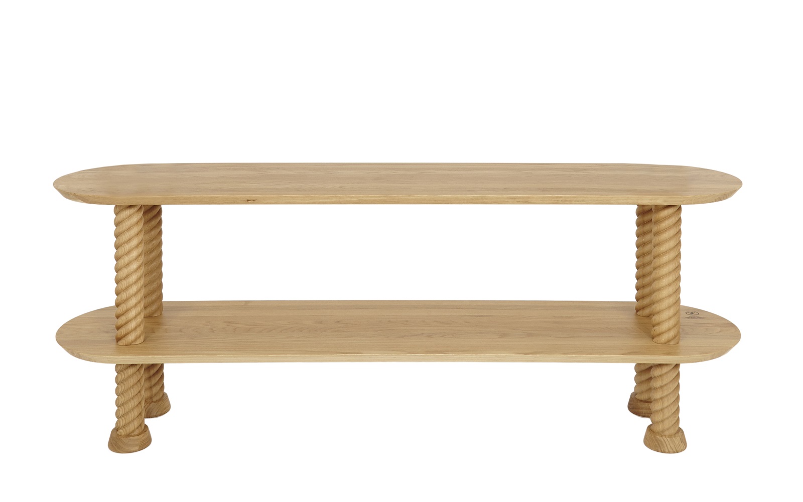 The Hansen Family Rope Shelf #80 aus Eiche, modernes Holzregal mit zwei Ablagen.