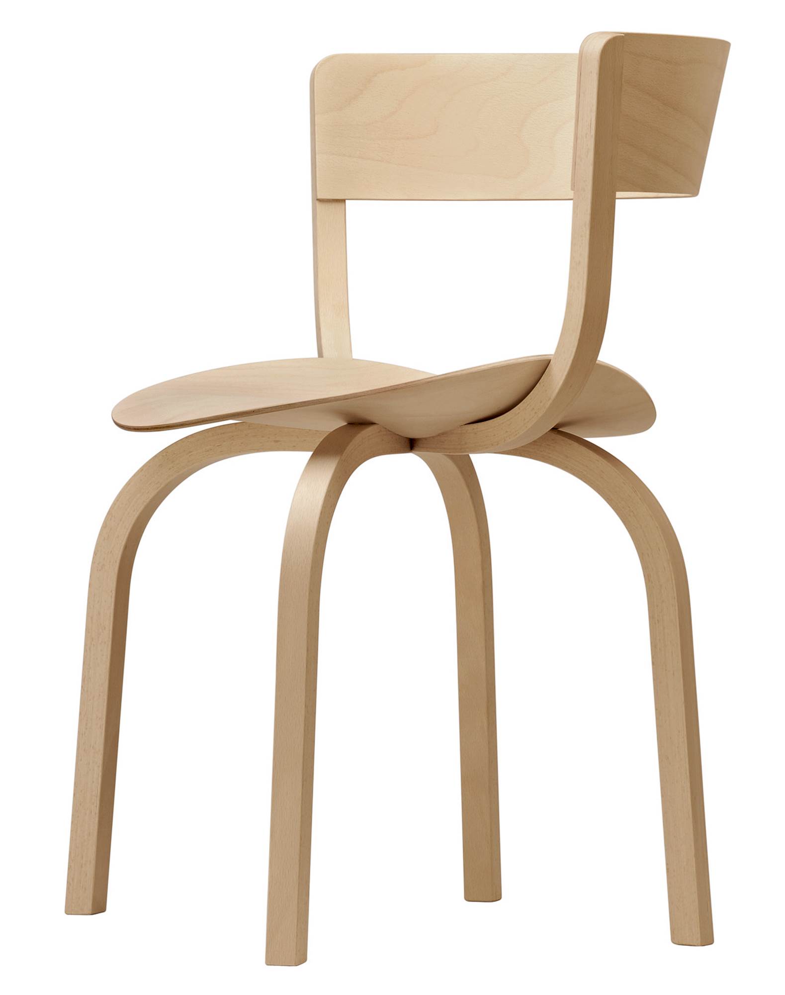 Heller Holzstuhl, Thonet 404, mit geschwungenen Beinen und Rückenlehne. Designklassiker für Esszimmer und Wohnbereich.
