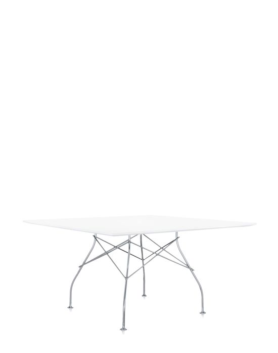 Weißer, quadratischer Glossy Tisch von Kartell mit verchromtem Stahlgestell. Moderner Esstisch für Wohnzimmer und Essbereich.