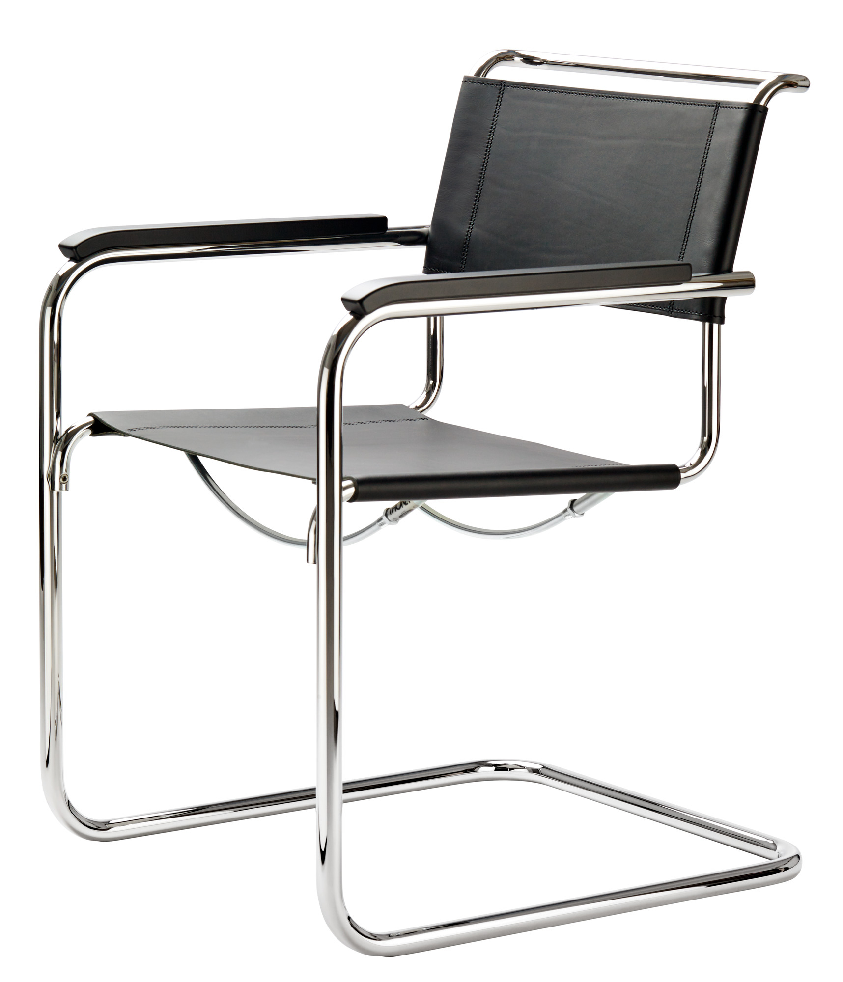 S 34 Freischwinger von Thonet mit schwarzem Leder und verchromtem Stahlrohr Gestell. Designklassiker Stuhl.