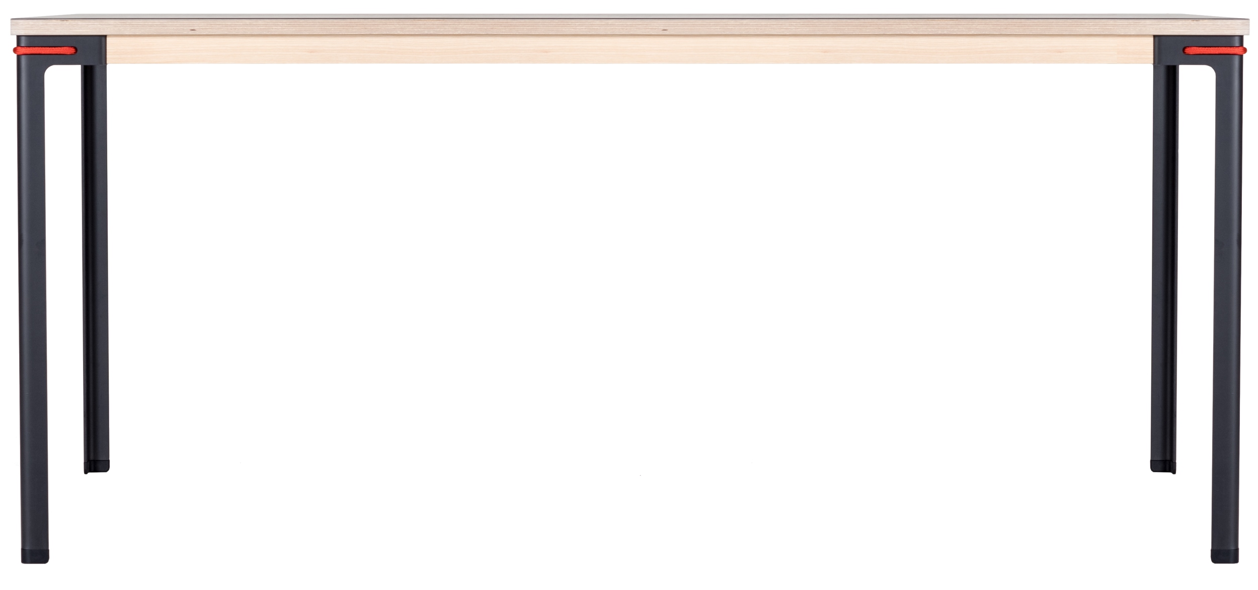 Seiltänzer Tisch von Moormann: Heller Holztisch mit schwarzen Beinen und roter Seil-Verbindung.