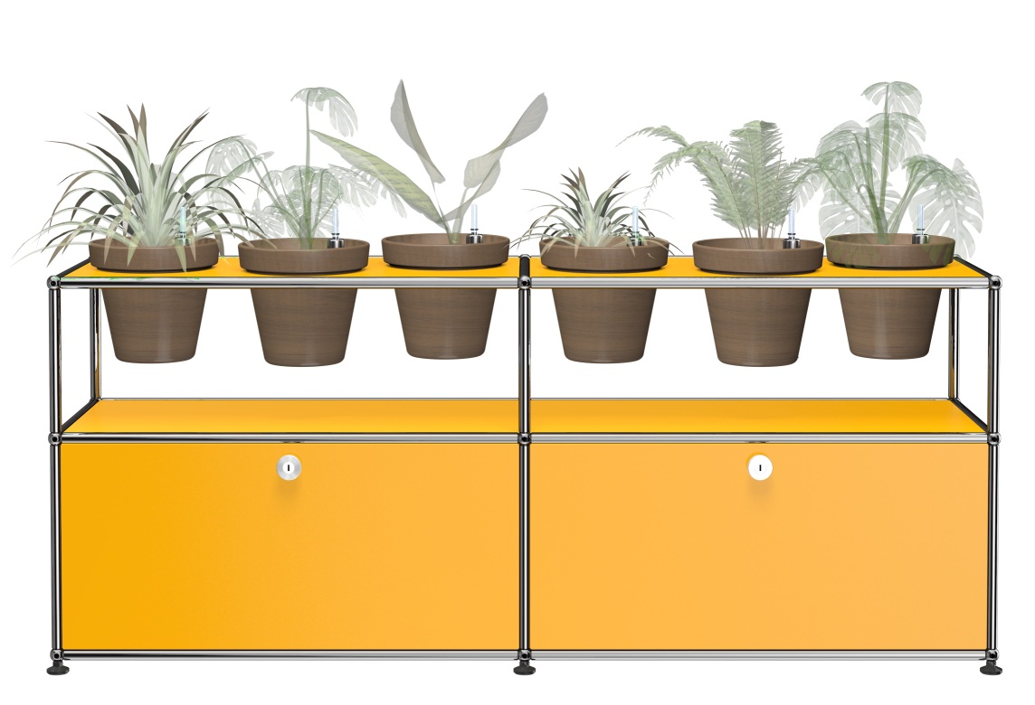 Goldgelbes USM Haller Sideboard mit Pflanzenwelten-Konfiguration und sechs Pflanzen in Töpfen auf der oberen Ebene.