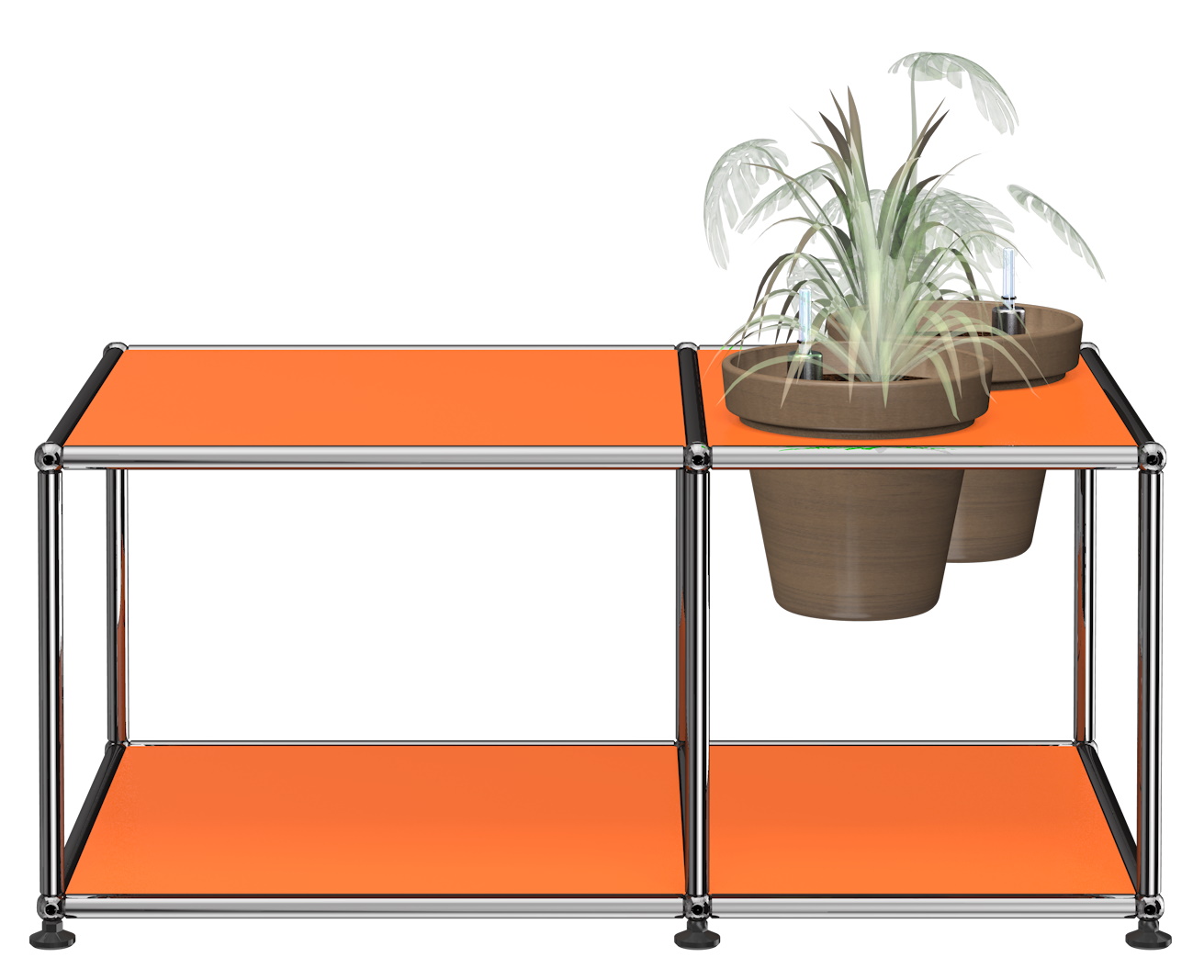 Pflanzenwelten: Reinoranger USM Haller Beistelltisch mit zwei Pflanzen in Töpfen. Moderner Designklassiker.