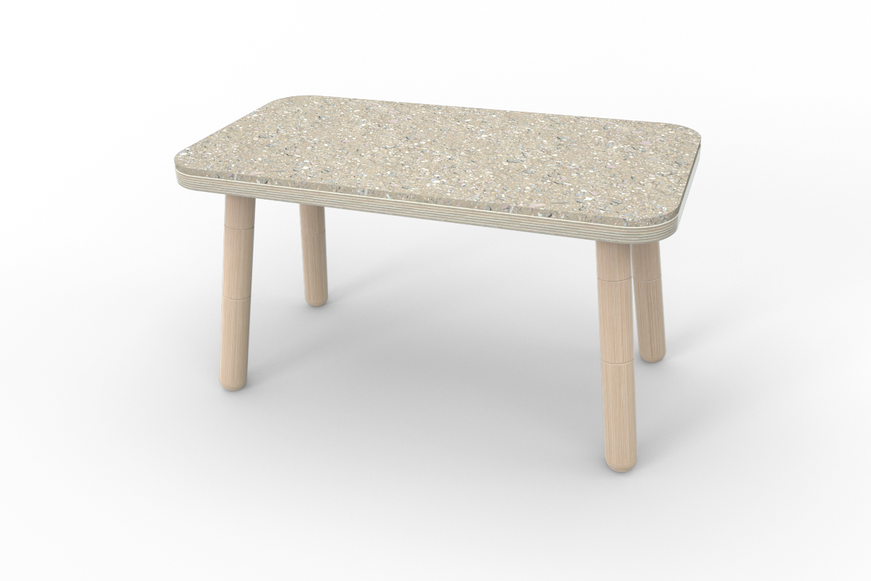 Growing Table mit Sitzfilz: Kindertisch mit beiger Tischplatte und hellen Holzbeinen.